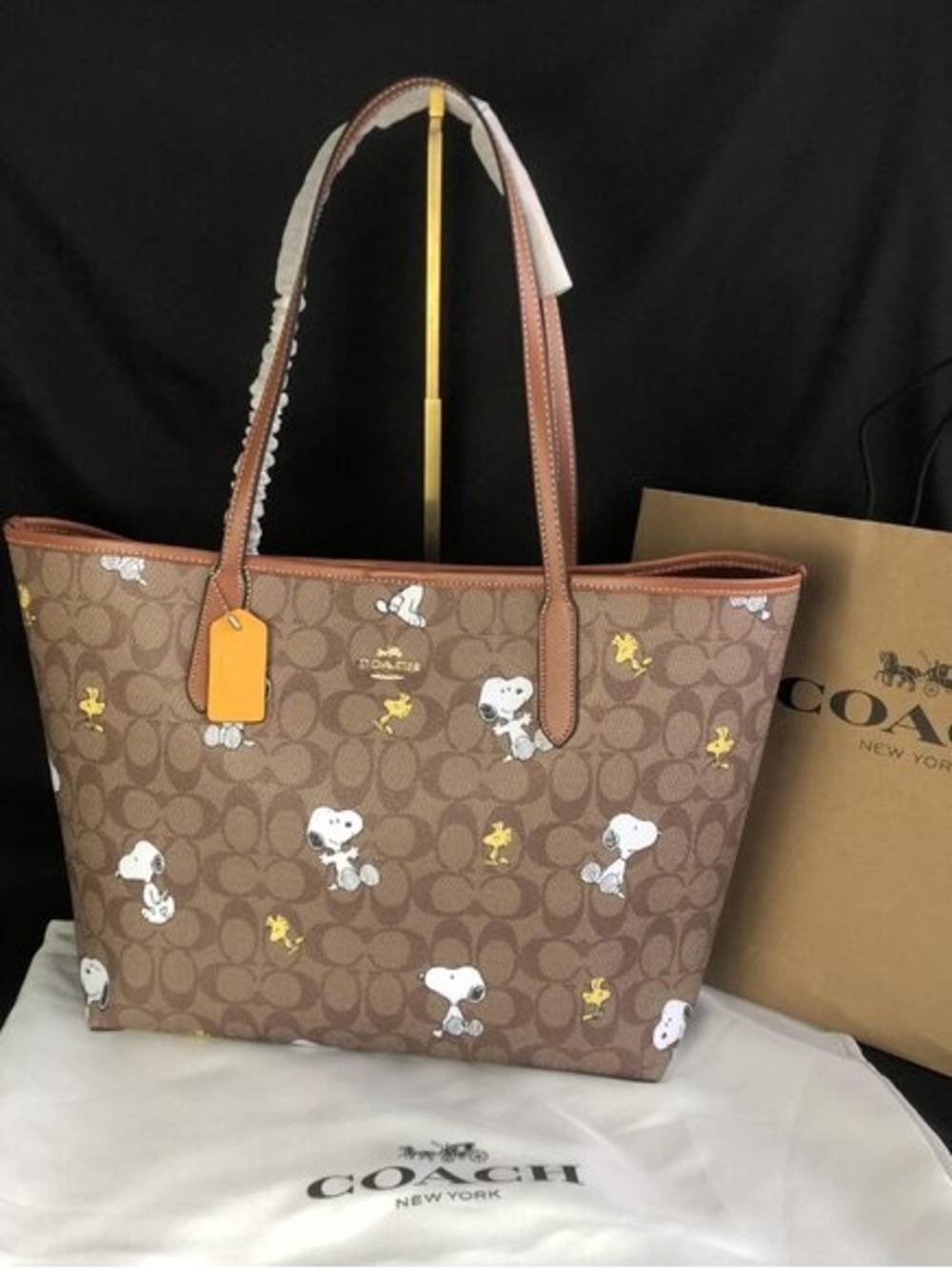 Coach Brown Signature Tote with Snoopy & Woodstock Print